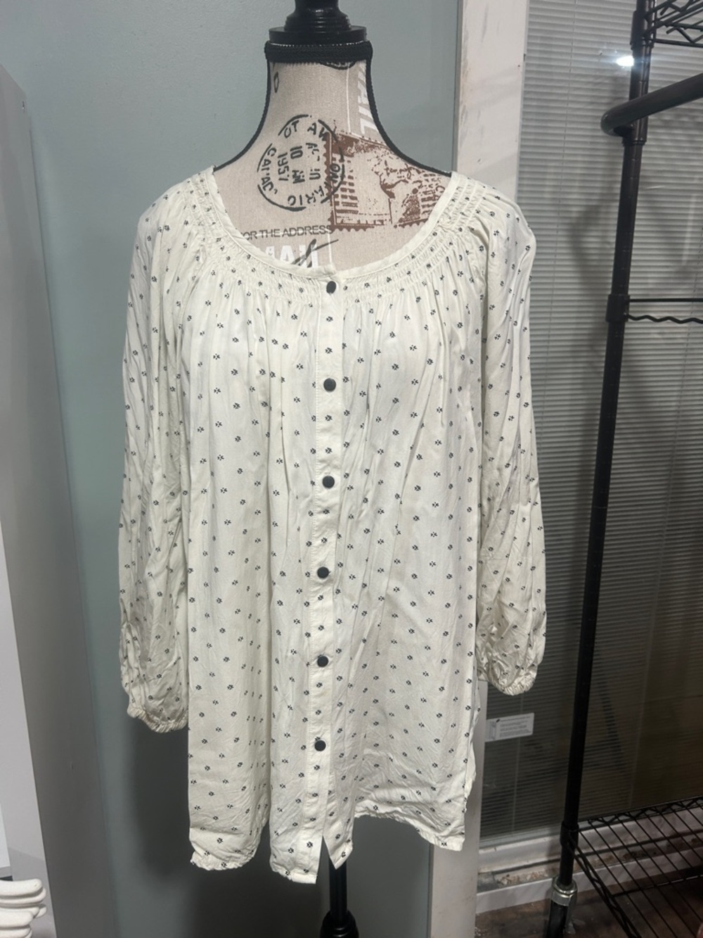 The Nines by HATCH Cream Button-Front Peasant Blouse with Tiny Navy Dots